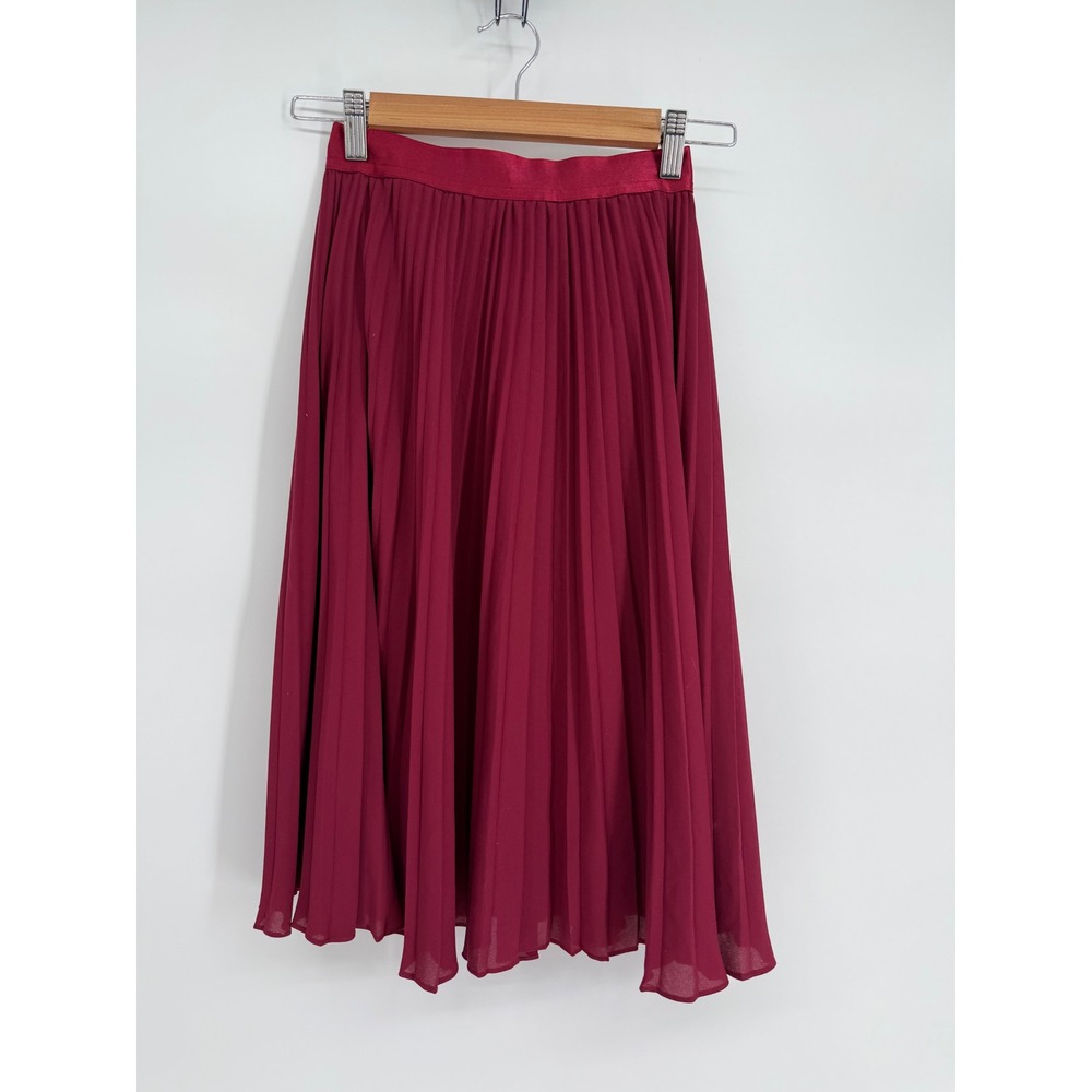 Express Burgundy Pleated Midi Skirt Womens Sz XS Red Satin Waist Accordion Skirt